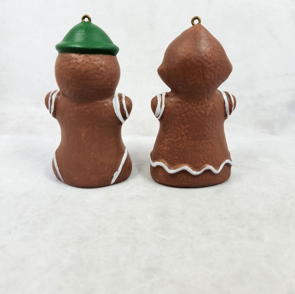 Vintage Painted Ceramic Bisque Gingerbread Couple Christmas Tree Ornaments - Picture 3 of 12